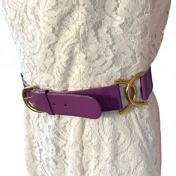 St. John Vintage Belt Purple Leather Gold Tone Harness Detail Style#5512 Size 12 - Picture 10 of 10